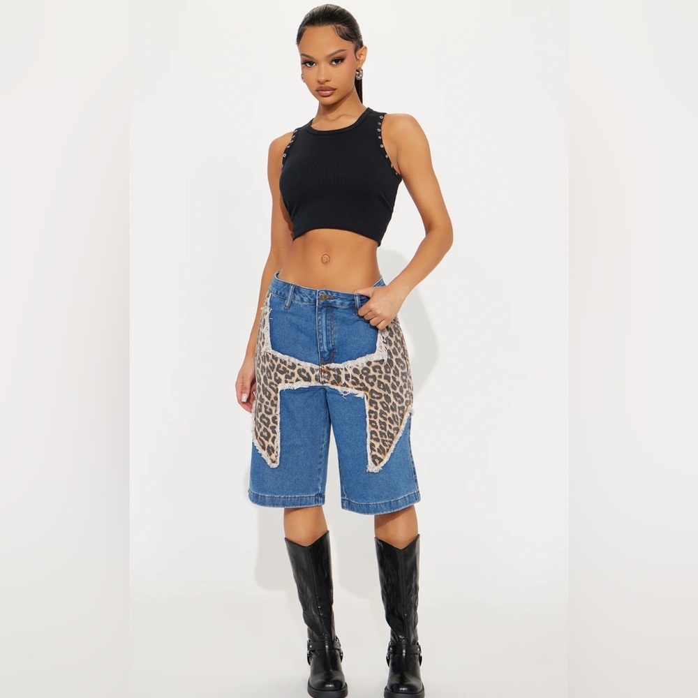 Leopard Print Denim oversized Shorts